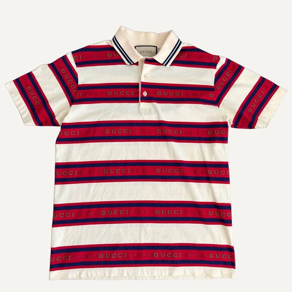 Gucci Other - Gucci Striped Logo Polo Shirt Cream Red Navy Cotton Made in Italy Size S